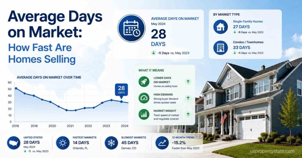 Feature image showing average days homes stay on the U.S. housing market with days-on-market trend charts, home selling speed data, housing analytics, and suburban American homes.