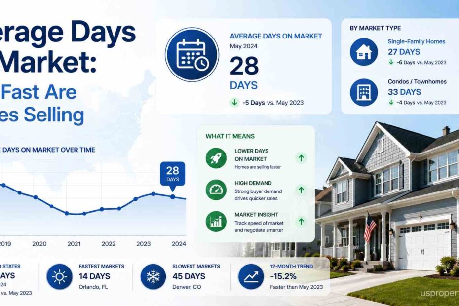Feature image showing average days homes stay on the U.S. housing market with days-on-market trend charts, home selling speed data, housing analytics, and suburban American homes.