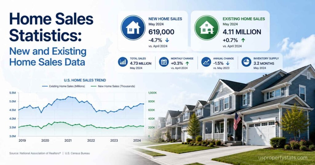 Feature image showing U.S. home sales statistics with new and existing home sales data, trend charts, housing market analytics, and suburban American homes.