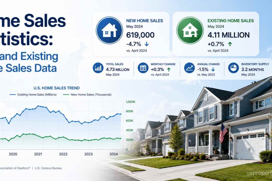 Feature image showing U.S. home sales statistics with new and existing home sales data, trend charts, housing market analytics, and suburban American homes.