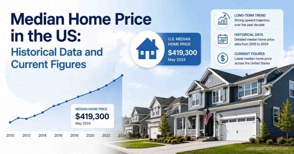 Feature image showing historical and current U.S. median home price data with suburban American houses, an upward home price trend chart, housing market statistics graphics, and median home value indicators.