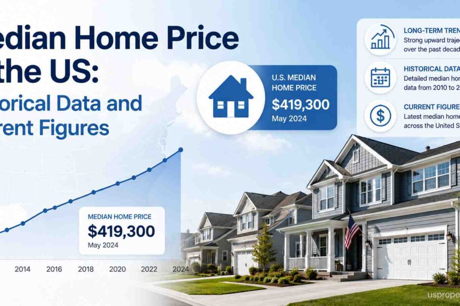Feature image showing historical and current U.S. median home price data with suburban American houses, an upward home price trend chart, housing market statistics graphics, and median home value indicators.