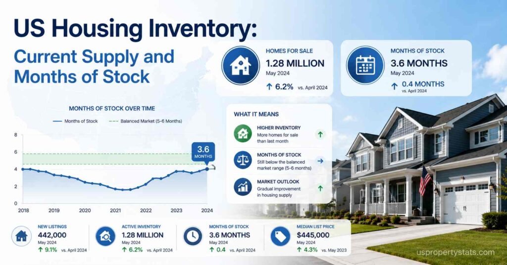 Feature image showing U.S. housing inventory statistics with current housing supply, months of stock data, inventory trend charts, and suburban American homes.