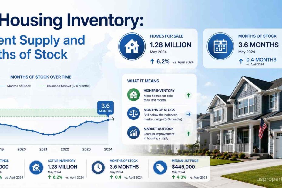 Feature image showing U.S. housing inventory statistics with current housing supply, months of stock data, inventory trend charts, and suburban American homes.