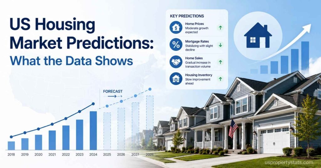 featured image for a data-driven article about US housing market predictions and expert forecasts.