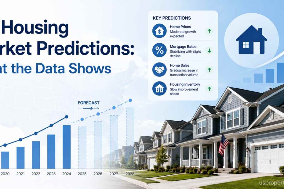 featured image for a data-driven article about US housing market predictions and expert forecasts.
