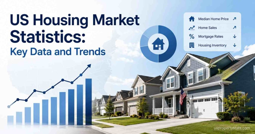 U.S. housing market statistics feature image showing suburban American homes with housing data visuals, upward trend chart, market analytics icons, and key housing trend graphics.