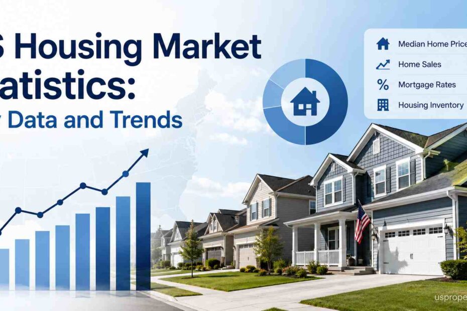 U.S. housing market statistics feature image showing suburban American homes with housing data visuals, upward trend chart, market analytics icons, and key housing trend graphics.
