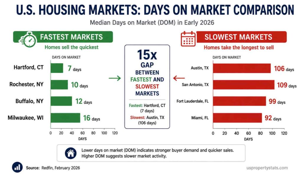 infographic showing the fastest vs slowest US housing markets by days on market in early 2026
