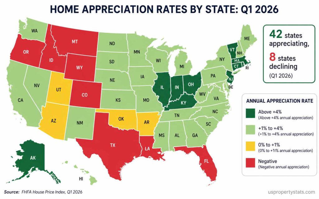 US state map infographic showing home appreciation rates by state for Q1 2026