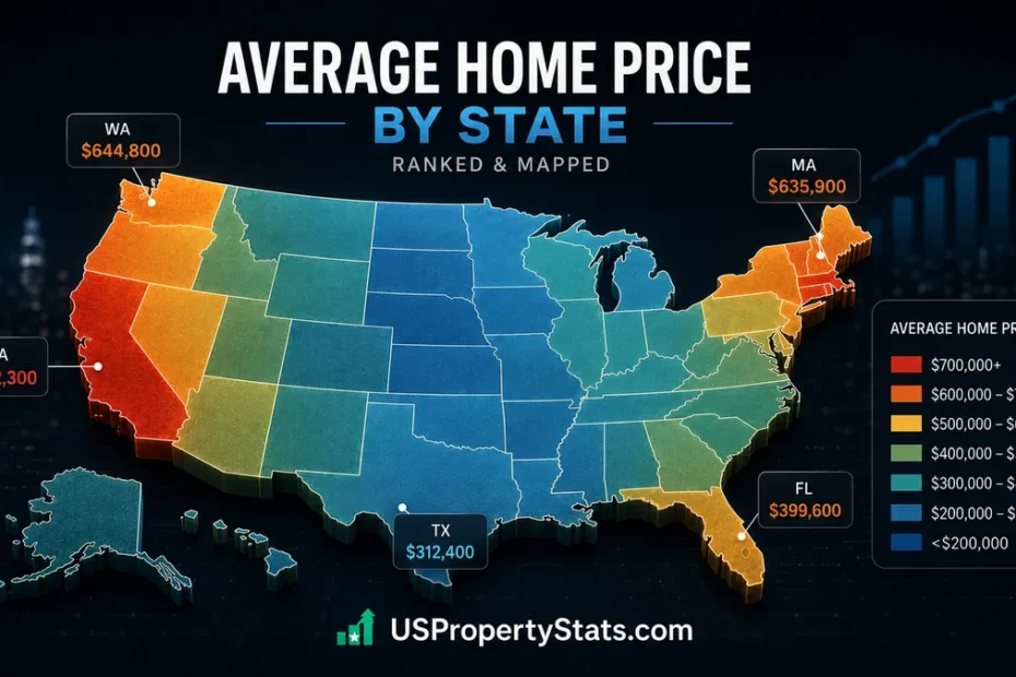Average home price by state across the United States, shown on a real estate market map with state price rankings and housing data.