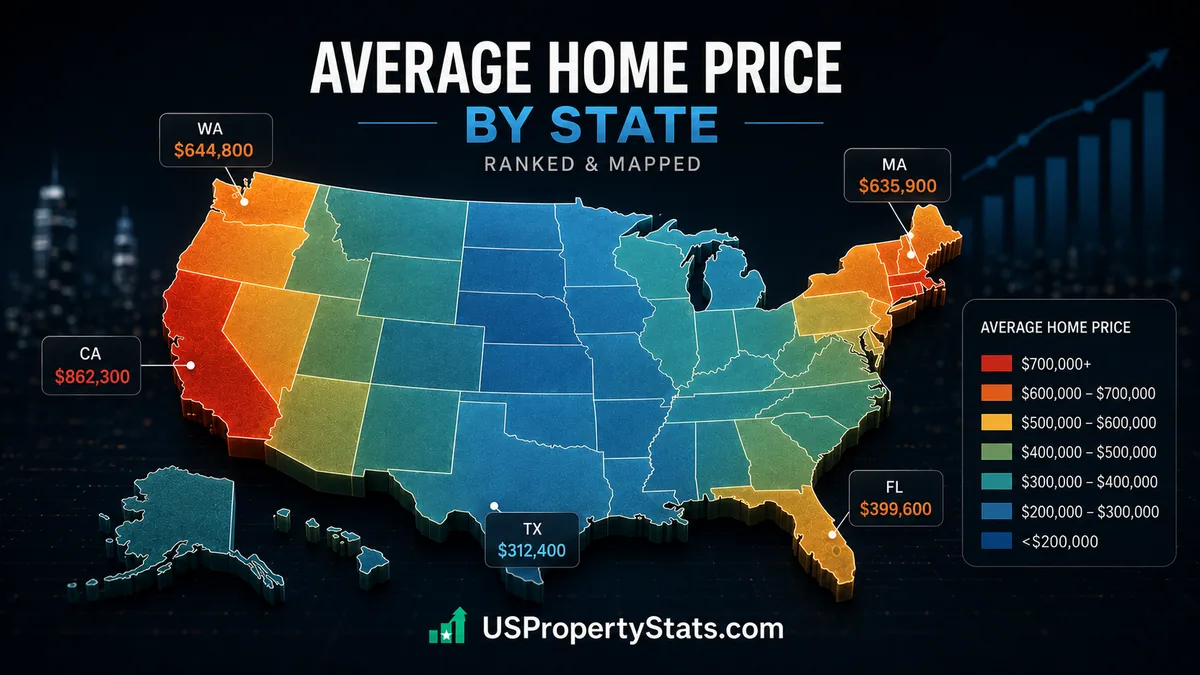 Average home price by state across the United States, shown on a real estate market map with state price rankings and housing data.