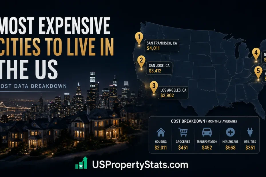 Most expensive cities to live in the US ranked by cost of living, with a map showing San Francisco, San Jose, Los Angeles, New York, and Boston and a breakdown of housing, groceries, transportation, healthcare, and utility costs.