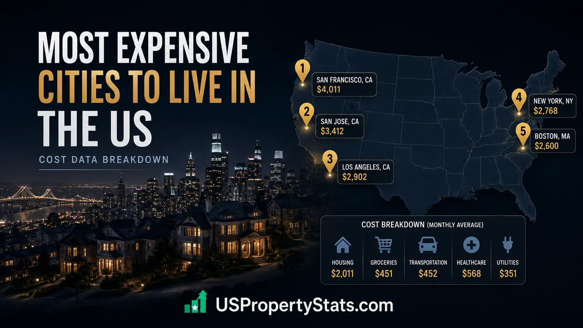 Most expensive cities to live in the US ranked by cost of living, with a map showing San Francisco, San Jose, Los Angeles, New York, and Boston and a breakdown of housing, groceries, transportation, healthcare, and utility costs.
