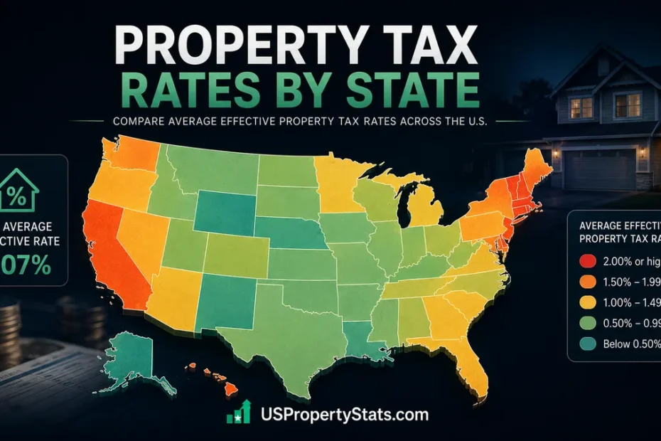 Property tax rates by state across the United States shown on a color coded map with average effective property tax rate data and state level comparisons.