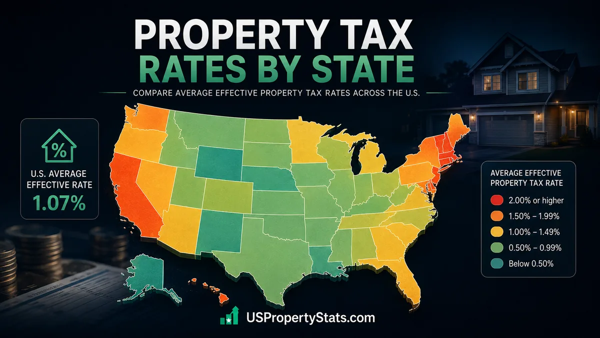 Property tax rates by state across the United States shown on a color coded map with average effective property tax rate data and state level comparisons.