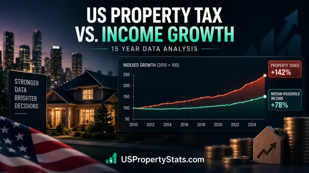 US property tax vs income growth over 15 years, showing a US housing scene with a comparative data chart tracking property taxes and median household income growth.