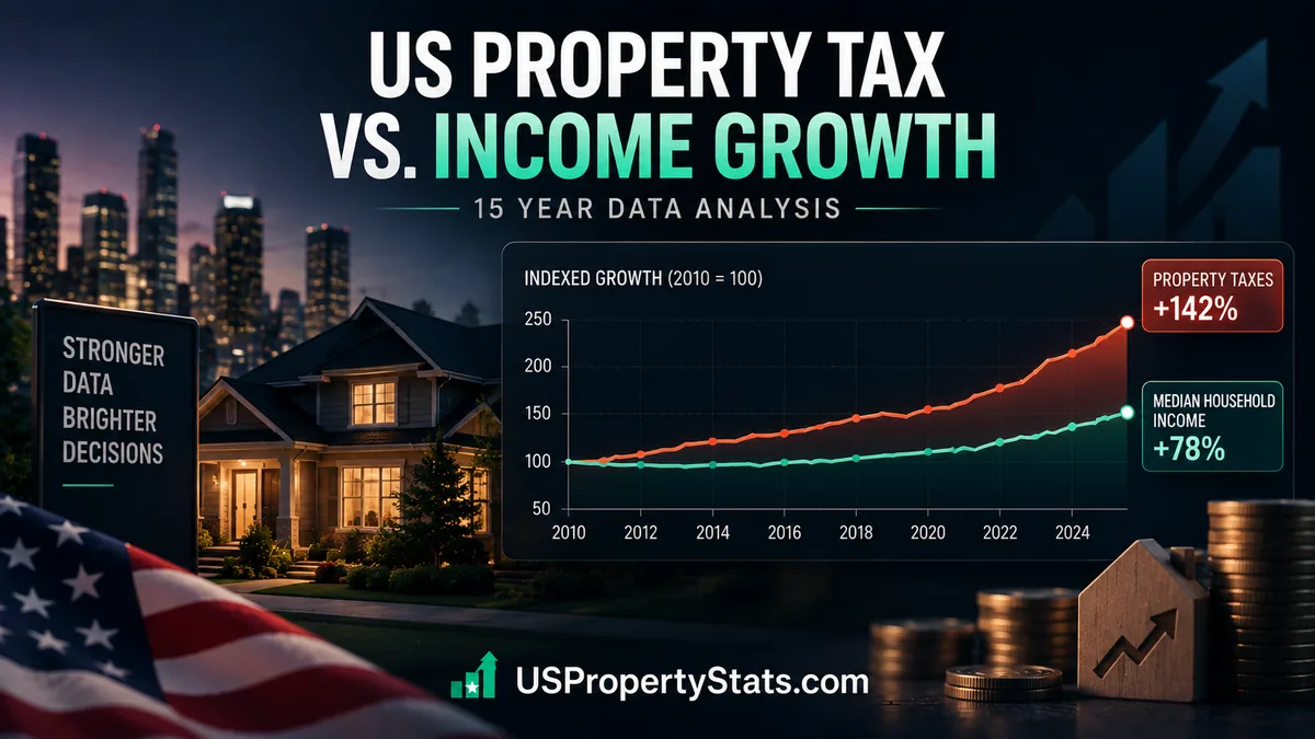 US property tax vs income growth over 15 years, showing a US housing scene with a comparative data chart tracking property taxes and median household income growth.