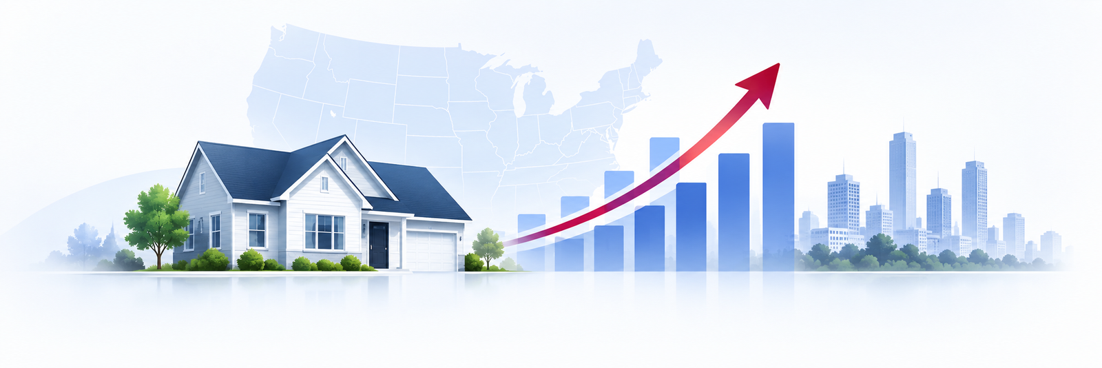 U.S. housing market trends, property statistics, and market data illustration